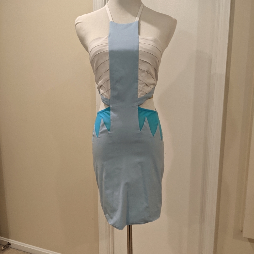 Blue and white dress with side slits